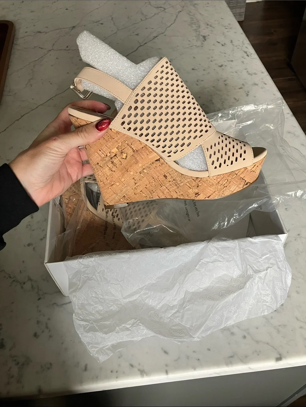 Steve Madden Beige Laser-Cut Cork Wedge Slingback
